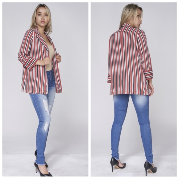 ❤️LAST NEW S Mauve Stripe Open Front Blazer Cardigan - Picture 2 of 5